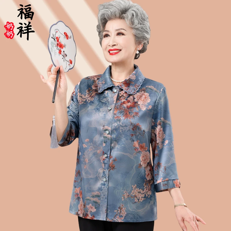中老年人夏装奶奶装七分袖衬衫秋装老人妈妈装翻领时尚短袖老太太