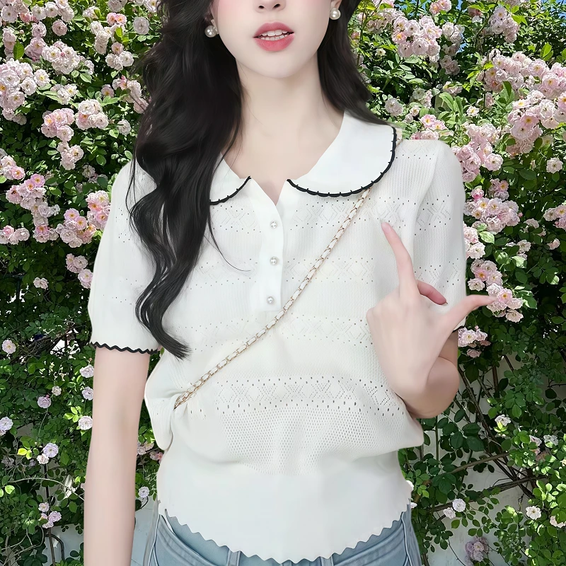 法式温柔甜美风洋气减龄镂空针织衫上衣女夏季新款休闲百搭短袖