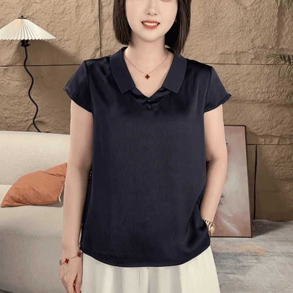2025夏季新款V领纯色休闲百搭显瘦气质设计感薄款舒适短袖女上衣