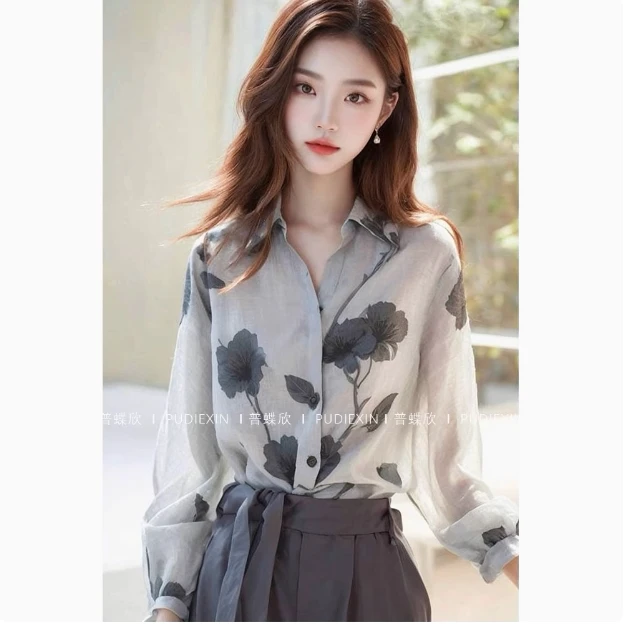 春秋新款气质上衣今年流行独特漂亮小衫高级感亚麻印花长袖衬衫女