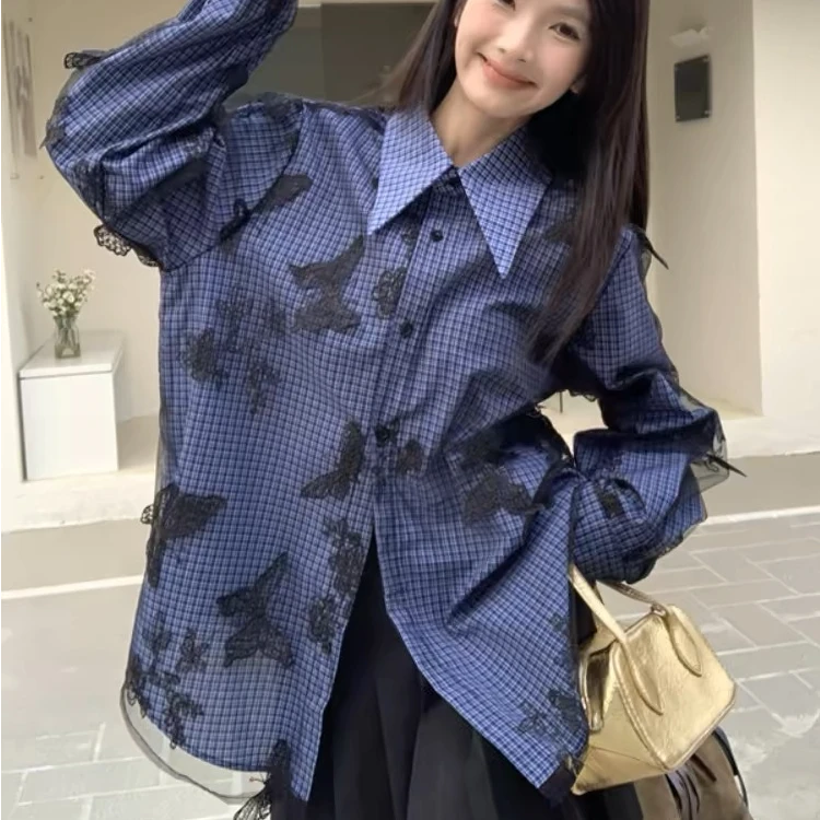 双层拼接网纱蝴蝶蓝色格子衬衫女早春季宽松慵懒风休闲衬衣外套