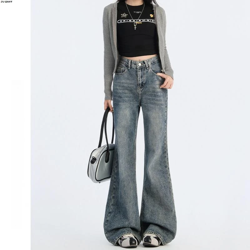 复古蓝高腰窄版阔腿牛仔裤女2025秋季新款不贴腿微喇叭直筒拖地裤
