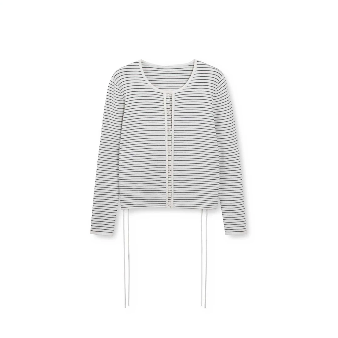 【春季折扣】播broadcast经典条纹腰间抽褶休闲针织开衫MDR3UD6545