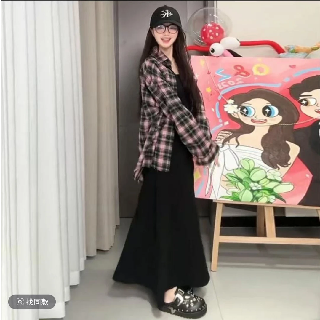 时尚套装格子短裙长袖ins休闲韩版百搭显瘦网红宽松上衣套装