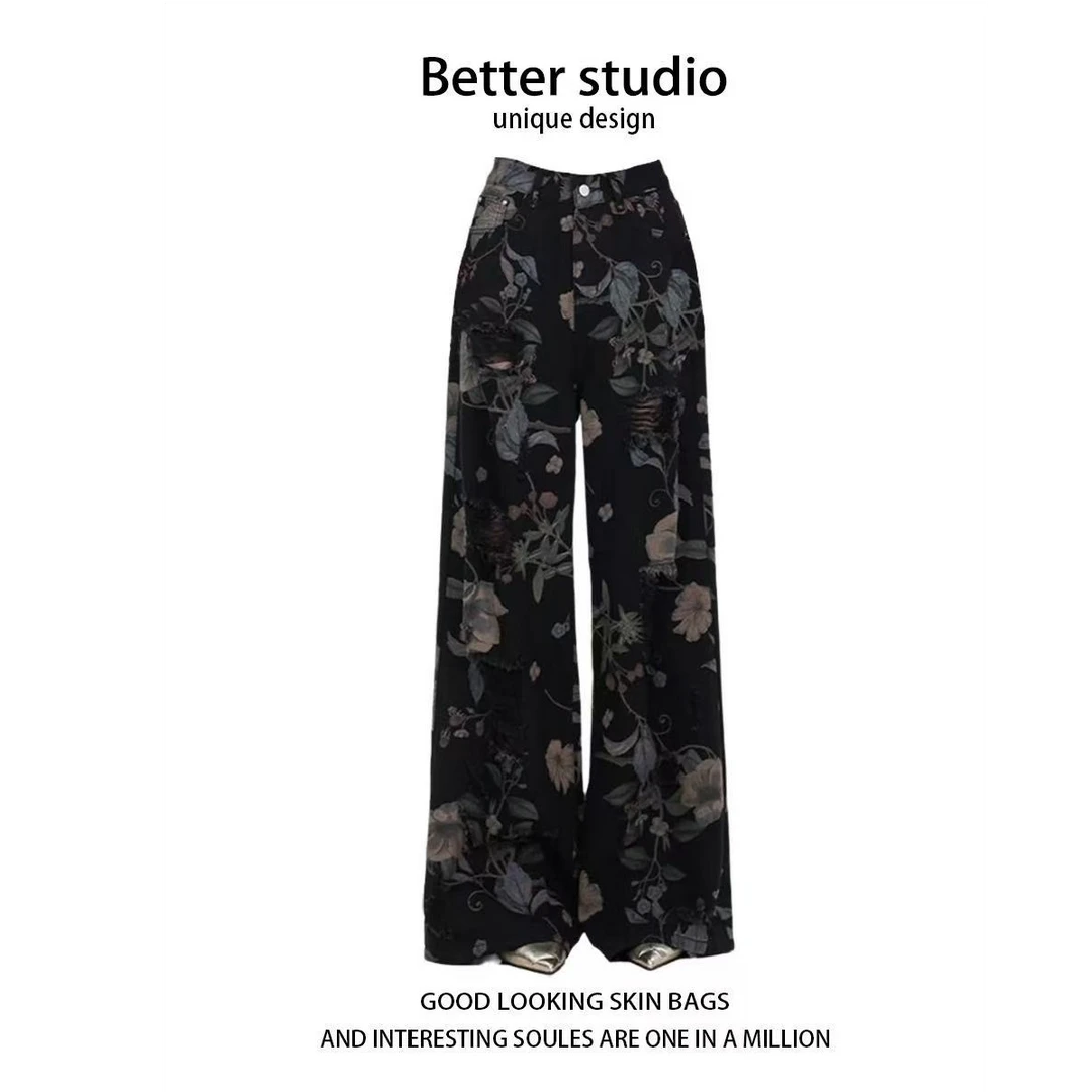 美式复古黑色花卉印花牛仔裤女秋冬设计感慵懒松弛感阔腿拖地长裤