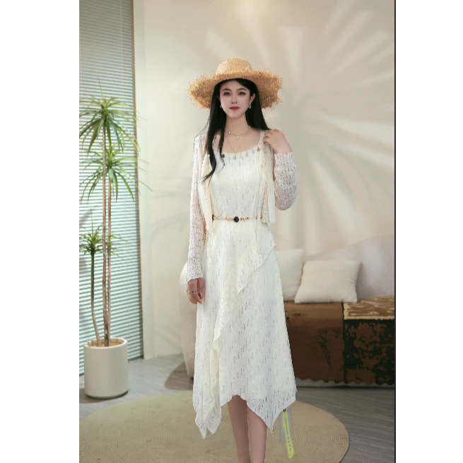 【三千金】2025夏新款高级感镂空吊带连衣裙+开衫气质显瘦连衣裙女