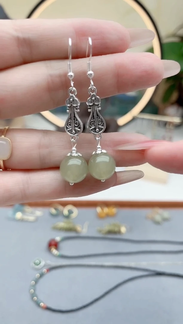 东陵石银S925镶嵌耳饰6233