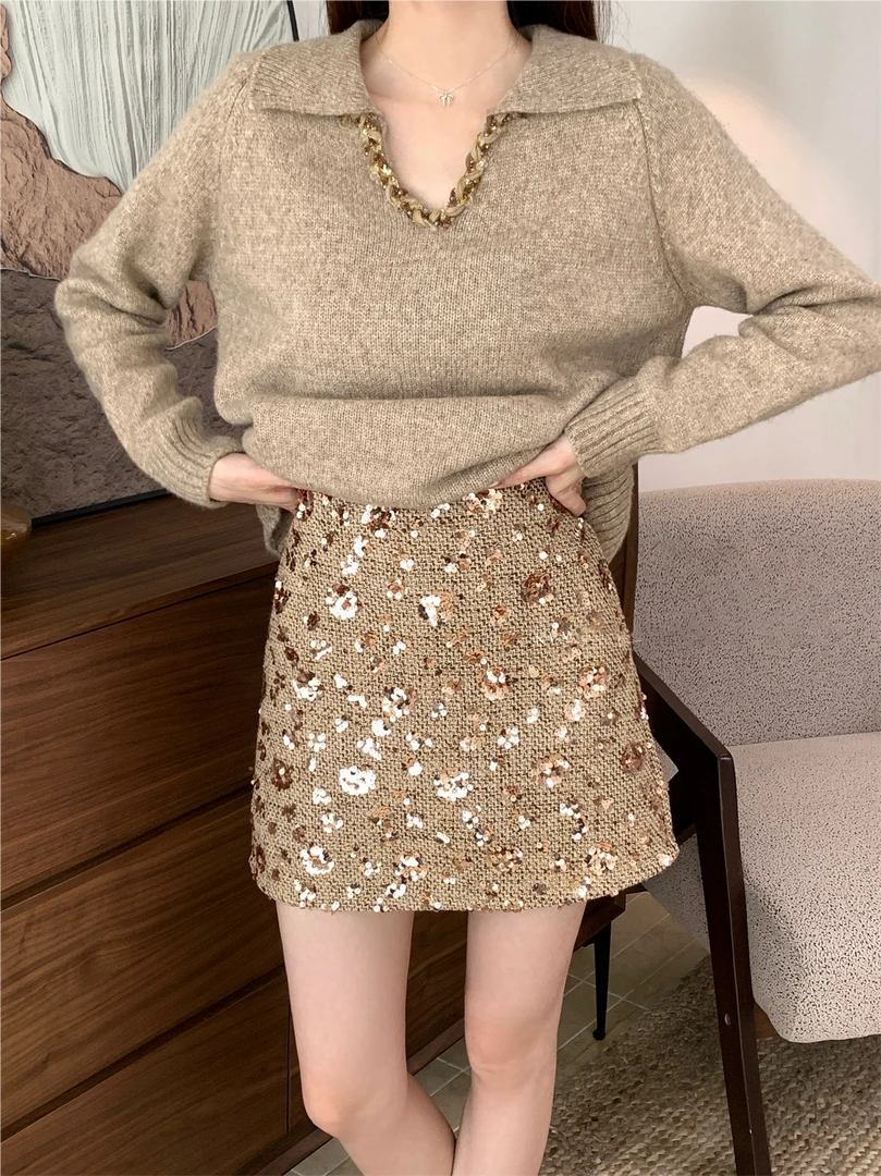 设计感小香风亮片短裙女冬季新款轻奢优雅气质高级感a字半身裙子