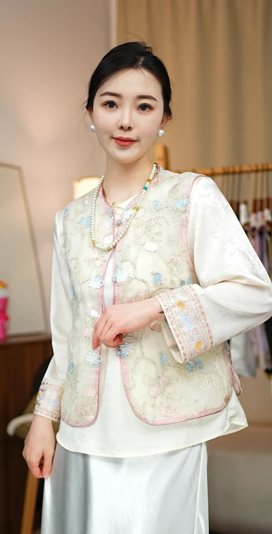 CHUNTIAN/李李国风【花影】新中式欧根纱提花时尚马甲