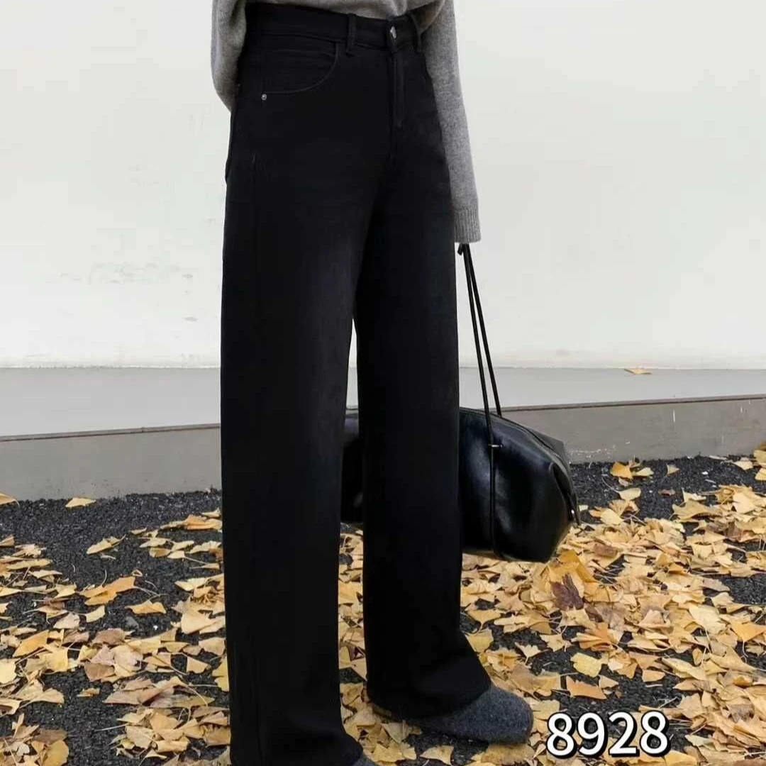 8928秋冬时尚休闲百搭显瘦加绒加厚女牛仔阔腿裤