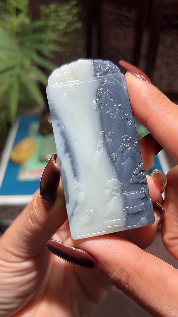 未镶嵌和田玉挂件和田玉青花山水牌挂件09