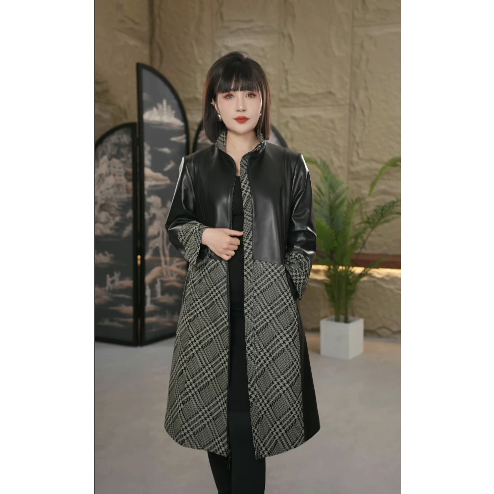 8351海宁真皮时尚百搭拼接千鸟格复古长款女士外套