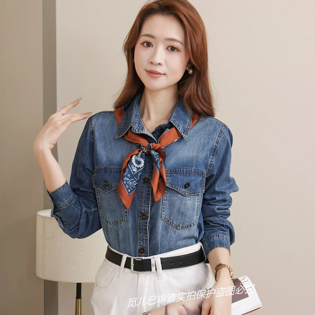 复古牛仔衬衫女2025叠穿新款衬衣外套内搭上衣春秋百搭水洗翻领