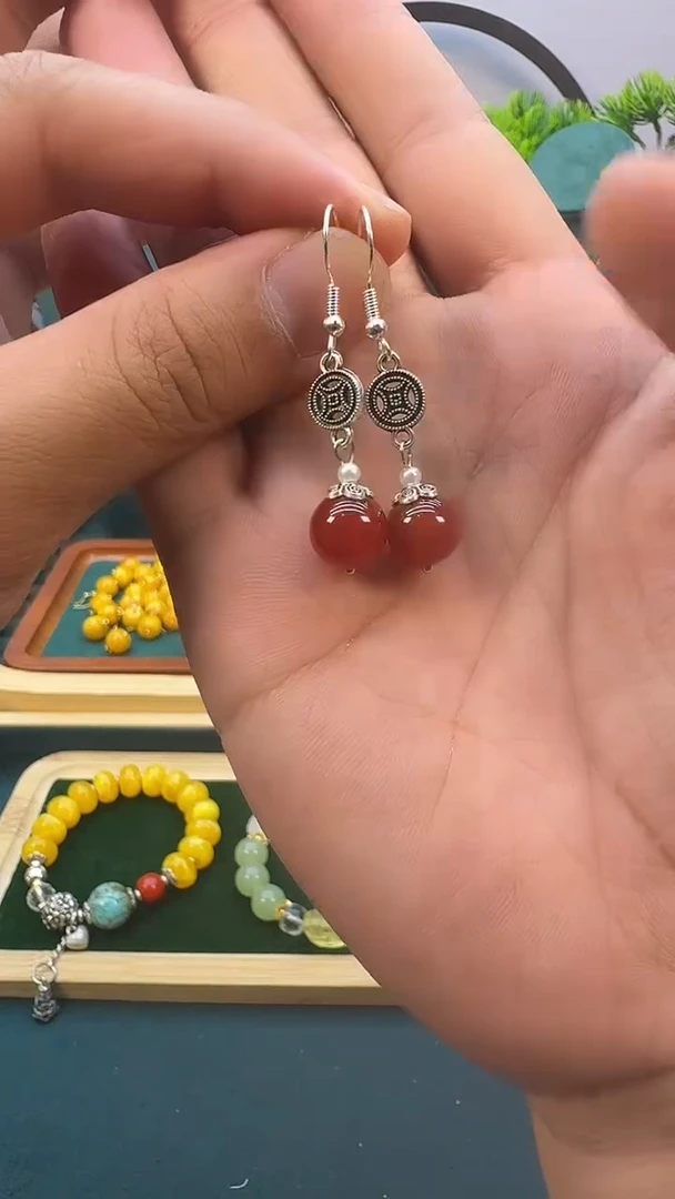 南红玛瑙银S925镶嵌耳饰E171