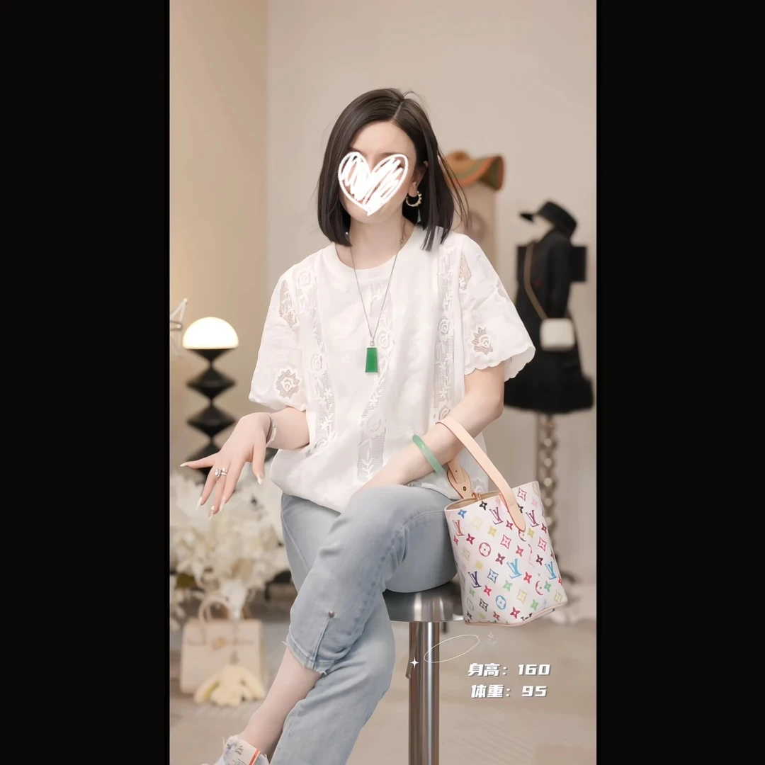 【设计师】 春夏新品欧若风玫瑰提花拼花边镂空短袖女9001