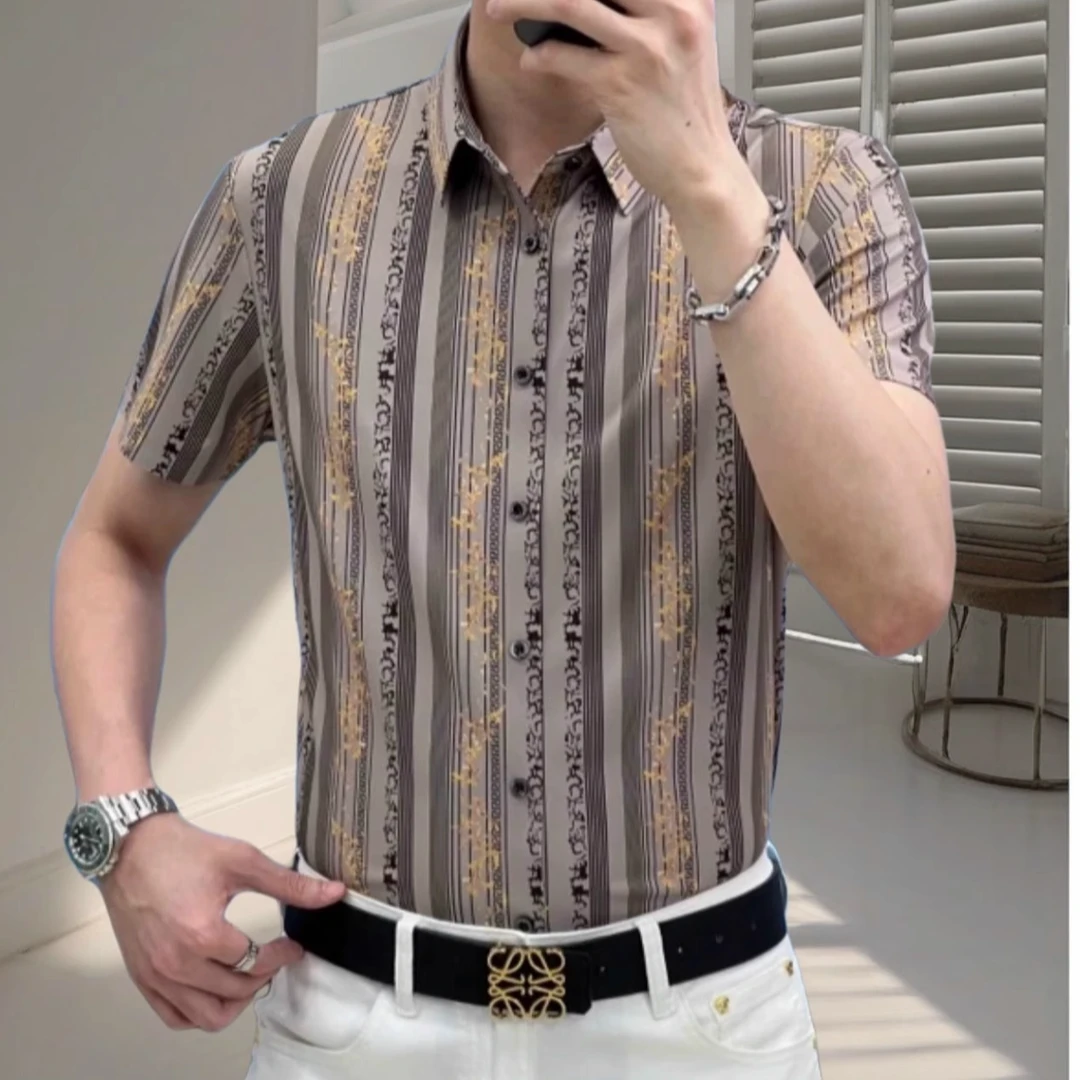 卡因耶查夏季新款男士商务休闲短袖翻领条纹衬衫时尚百搭冰丝上衣