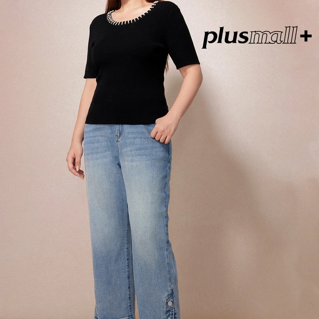 PLUSMALL 氧气丹宁 弹力小脚水洗银扣开叉九分牛仔裤PM2506062