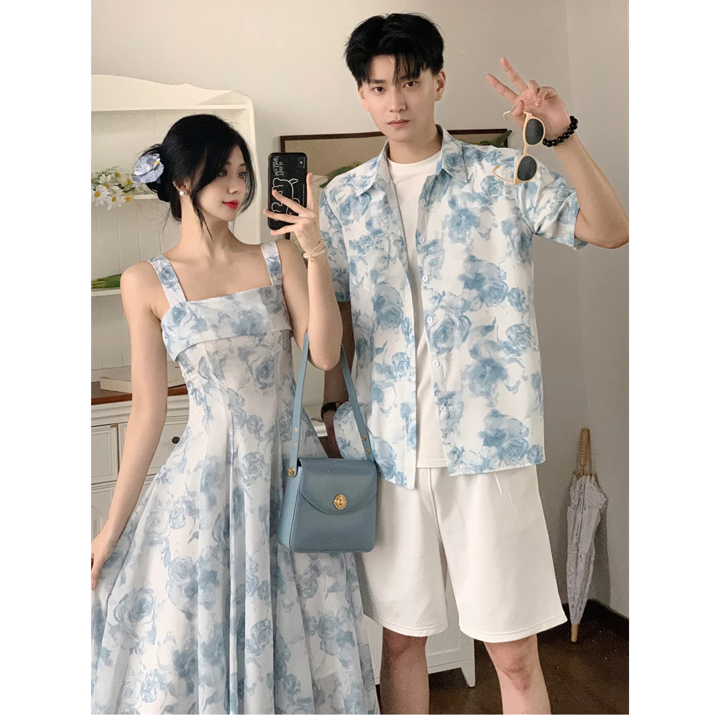 情侣装夏季法式碎花浅蓝色吊带女连衣裙超仙沙滩裙男上衣短袖潮流