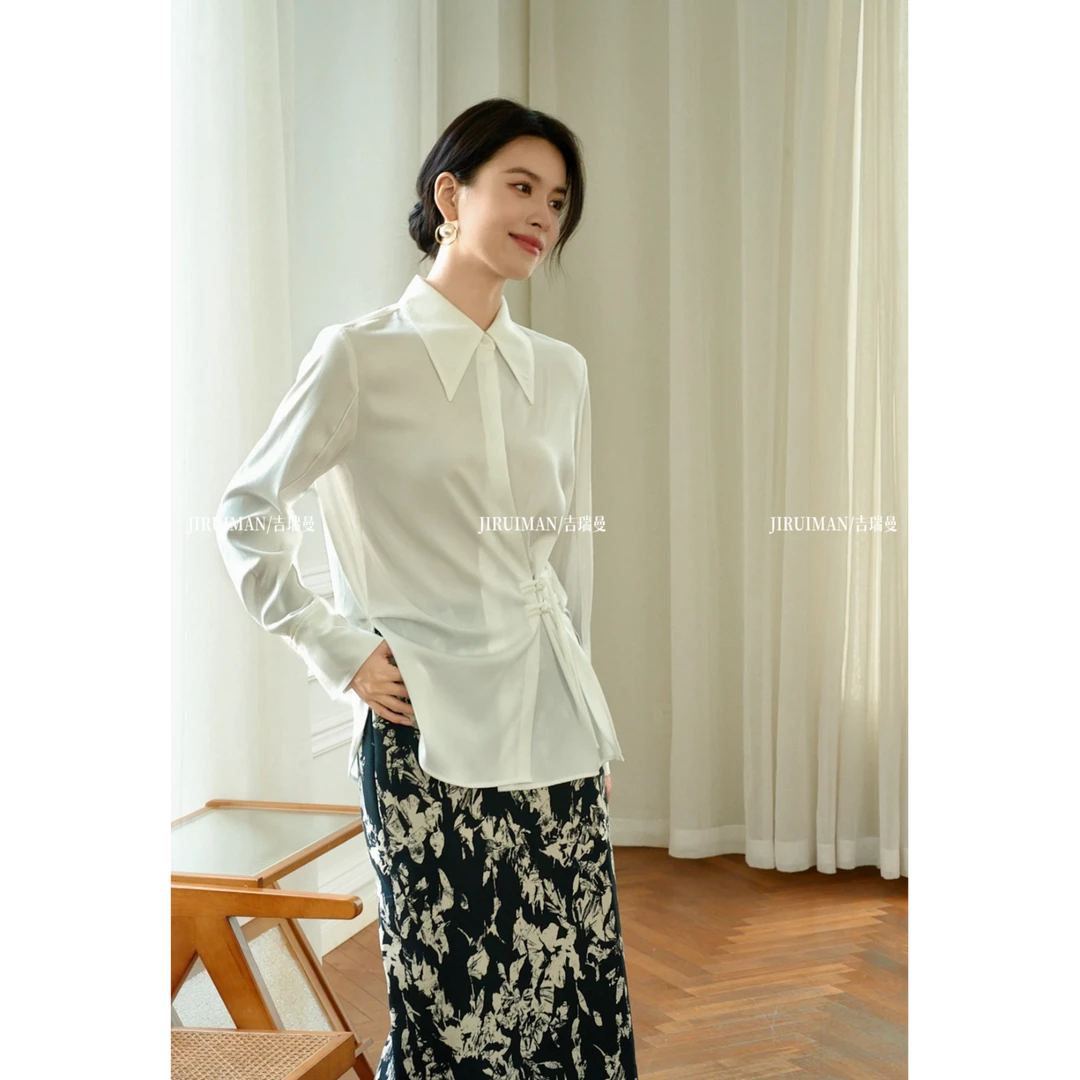 JIRUIMAN/吉瑞曼新款国风复古盘扣长袖女式设计感通勤衬衫S375
