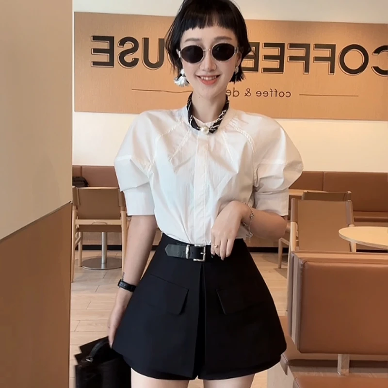 XIAOBAI 泡泡袖时尚衬衫秋季通勤薄款上衣极简风清冷系洋气衬衣