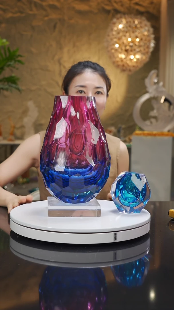 琉璃手工艺品金红蓝凹切面花瓶带天空蓝切面香薰瓶带底座