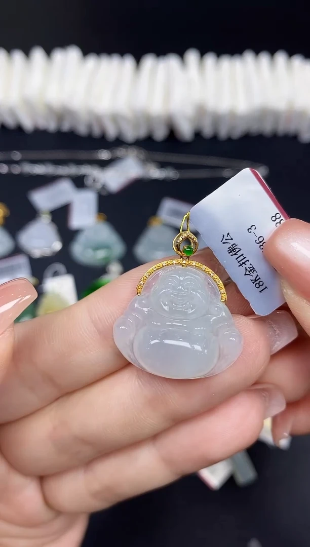 吊坠(不含链)18K金镶嵌翡翠佛公18K金扣镶嵌@@CMT736-3