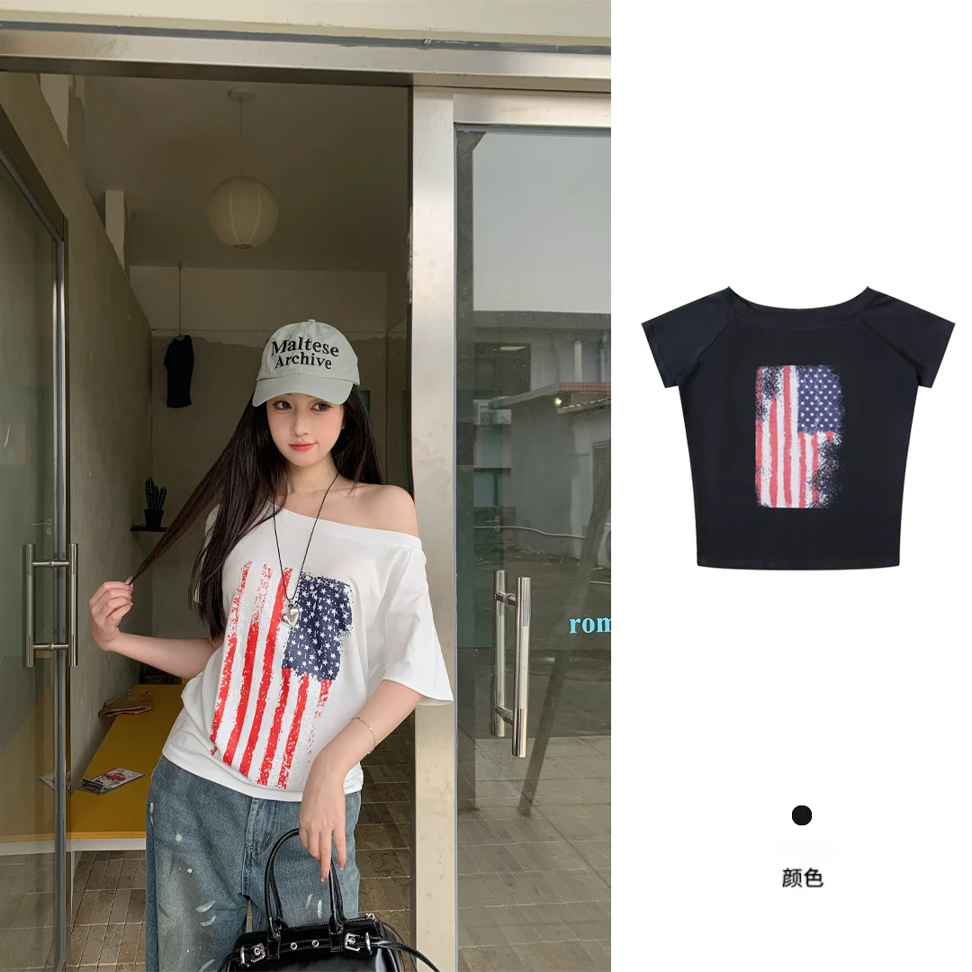 美式辣妹复古印花宽松斜肩短袖T恤百搭慵懒风休闲女夏季上衣