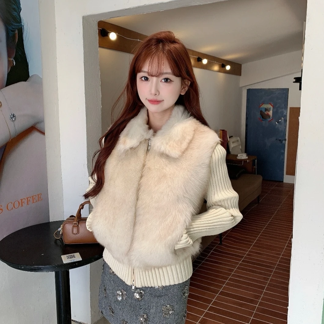 人造皮草 秋冬新款洋气环保毛毛拼接针织仿皮草外套可拆卸马甲