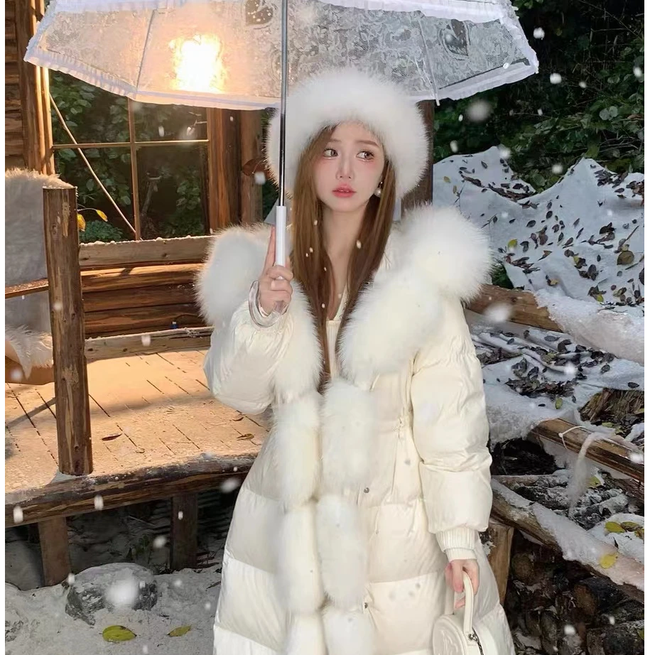 2025冬季帽款鹅绒羽绒服女休闲长款狐狸毛皮草大毛领外套海宁爆款
