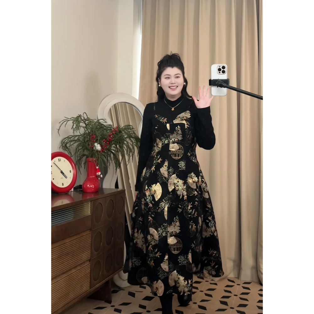 【小稳专属】微胖大码秋冬气质复古提花新中式水墨假两件连衣裙5020