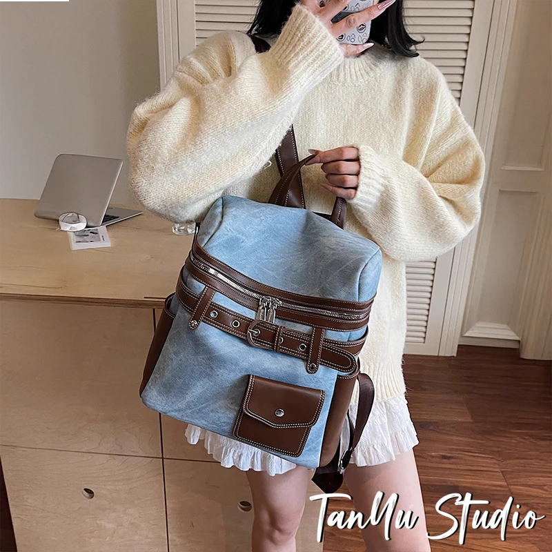 探屿美式通勤大容量女士双肩包新款休闲撞色旅行书包大学生后背包