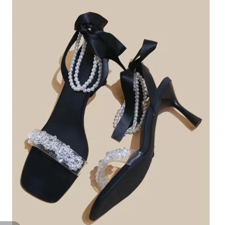 2317-8  夏季新款仙女风细跟露趾后系带珍珠一字带凉鞋