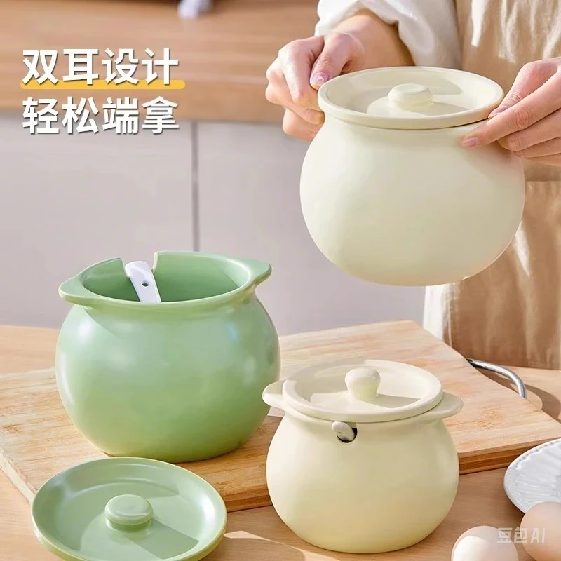 家用陶瓷双耳猪油罐耐高温油带盖大容量辣椒罐子厨房储油罐多功能