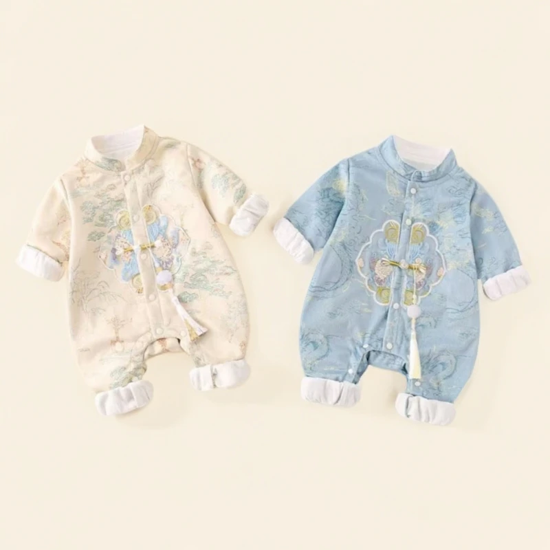 【双层】新春秋季新款盘扣如意刺绣荷花吊坠婴幼儿连体衣童装