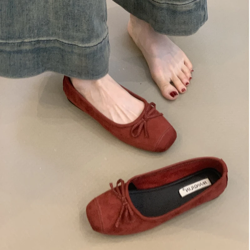 NQL-252-1法式时尚小红鞋女鞋2025温柔气质蝴蝶结浅口平底芭蕾鞋