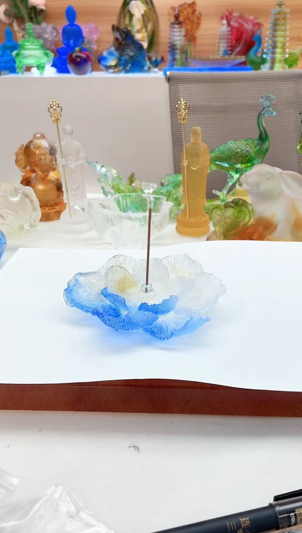 手工艺品琉璃蓝白色牡丹花香插12公分