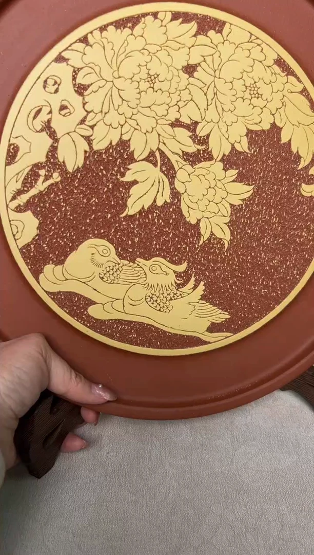 陶瓷耀州窑纯手工王彩虹剔刻鸳鸯戏牡丹壶承赏盘