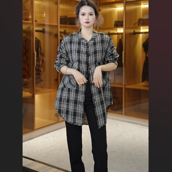 格纹衬衫女休闲衬衣长袖2025春季新款显瘦复古宽松25021202