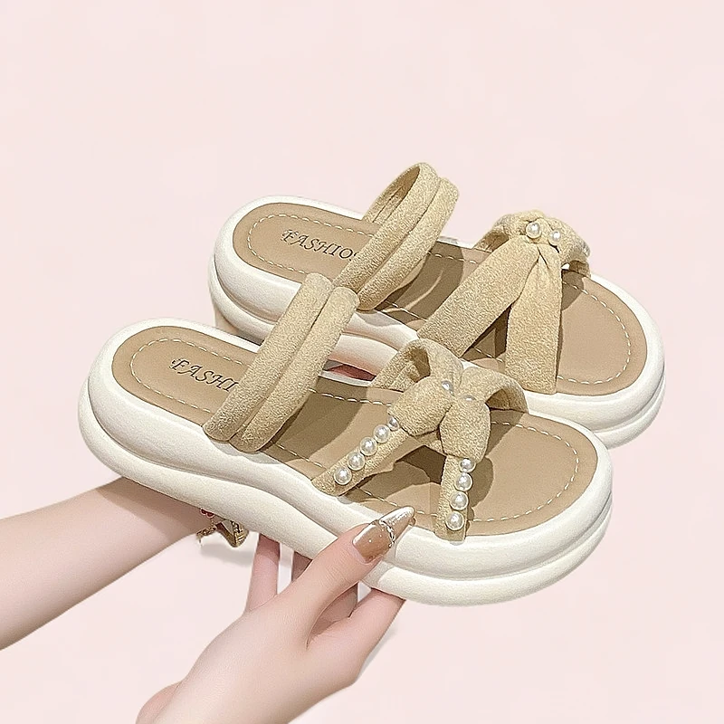 交叉带串珠厚底凉拖鞋女外穿2025夏季新款沙滩凉鞋拖鞋两穿一字拖