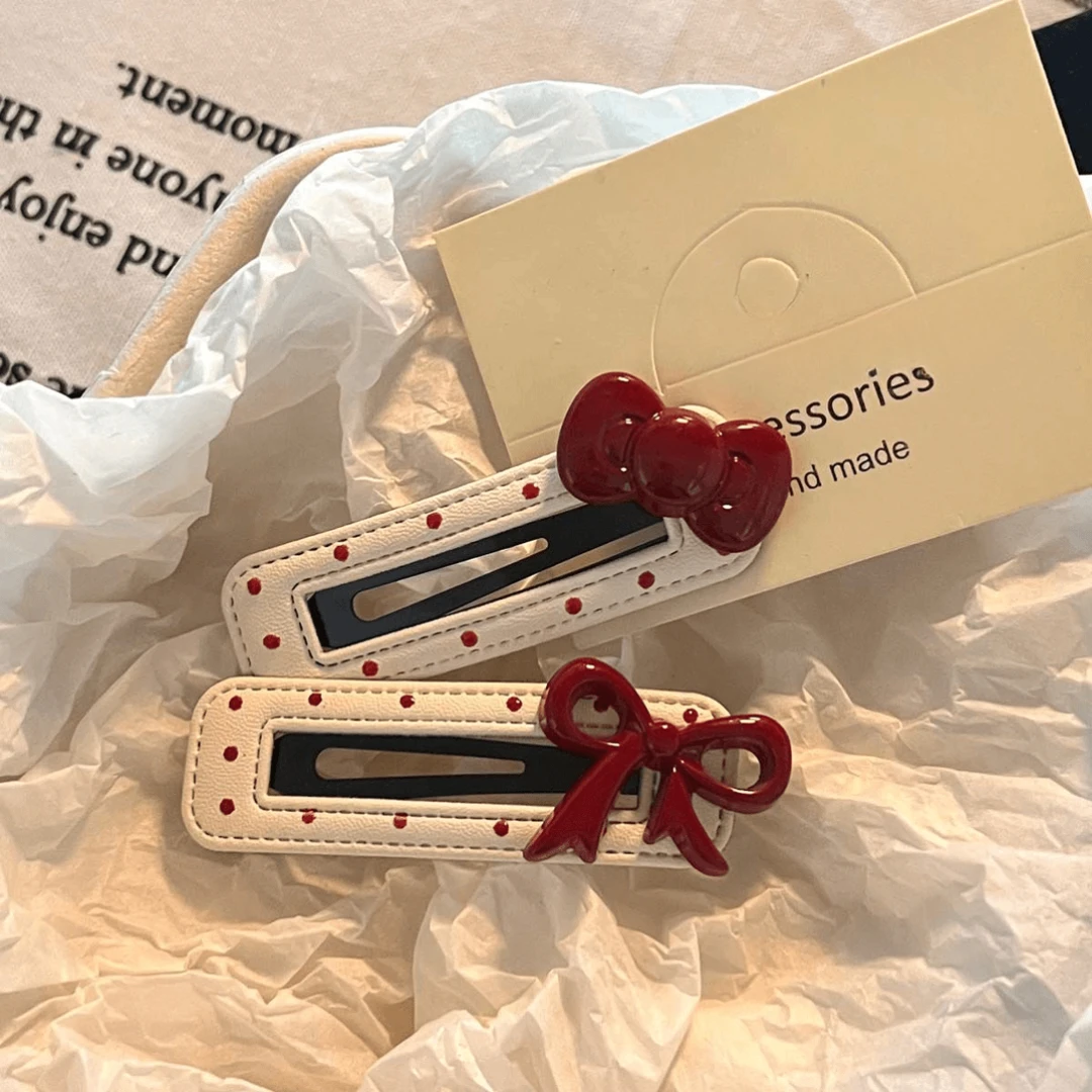 BB侧边刘海夹边头饰发卡碎发夹子安可拉红蝴蝶结甜美皮质韩版发夹