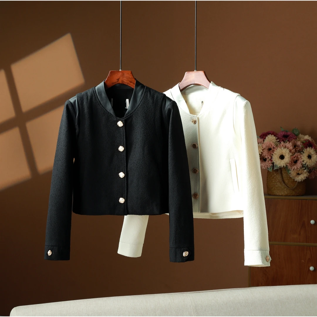 【觅涩-叁】新款立领短款小香风外套单排扣纯色简约口袋小外套女