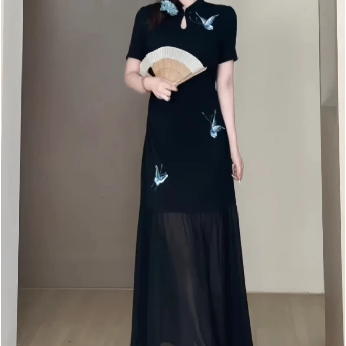 大码女装300斤胖MM蝴蝶结刺绣拼接网纱新中式改良连衣裙129