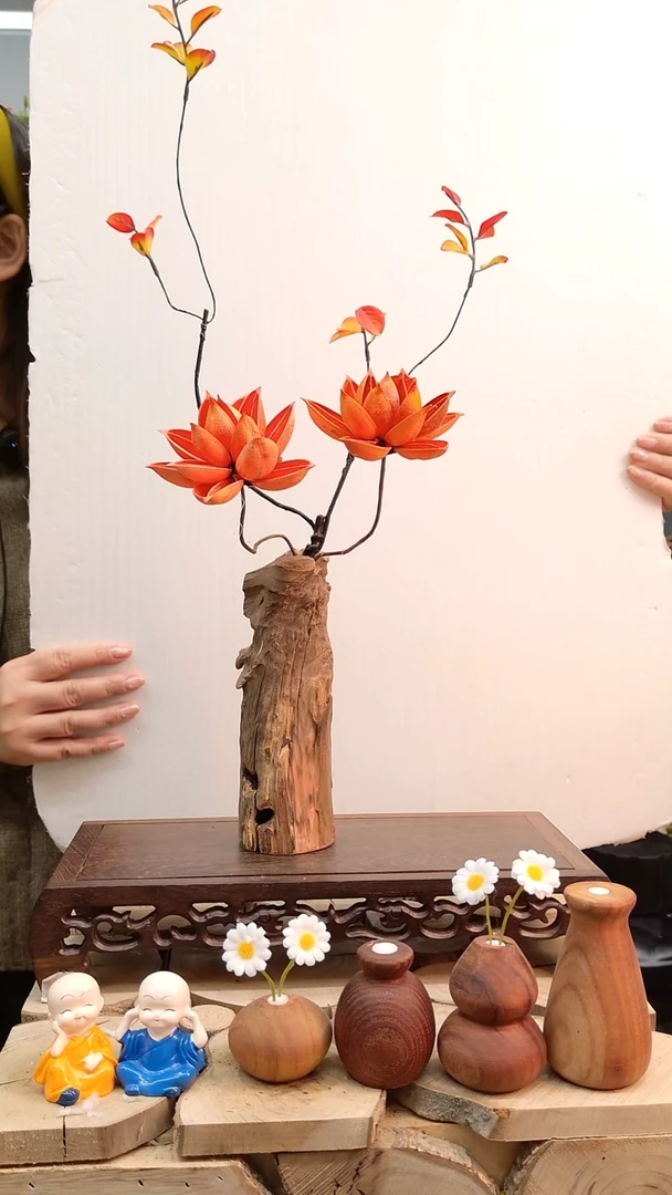 木实木花瓶带花一套