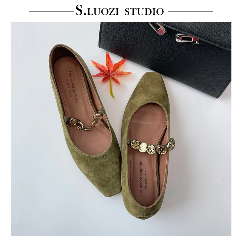 【柒柒】2025春季方头军绿色红棕色单鞋时尚低跟皮鞋浅口跟鞋
