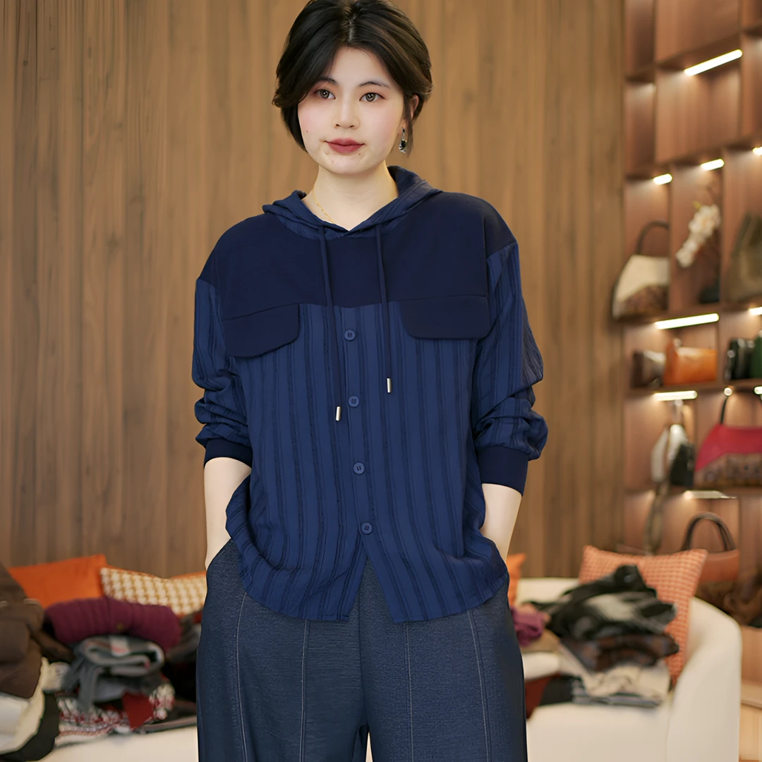 一畔"映春"2025春新款休闲百搭上衣复古条纹宽松显瘦拼接连帽衬衫