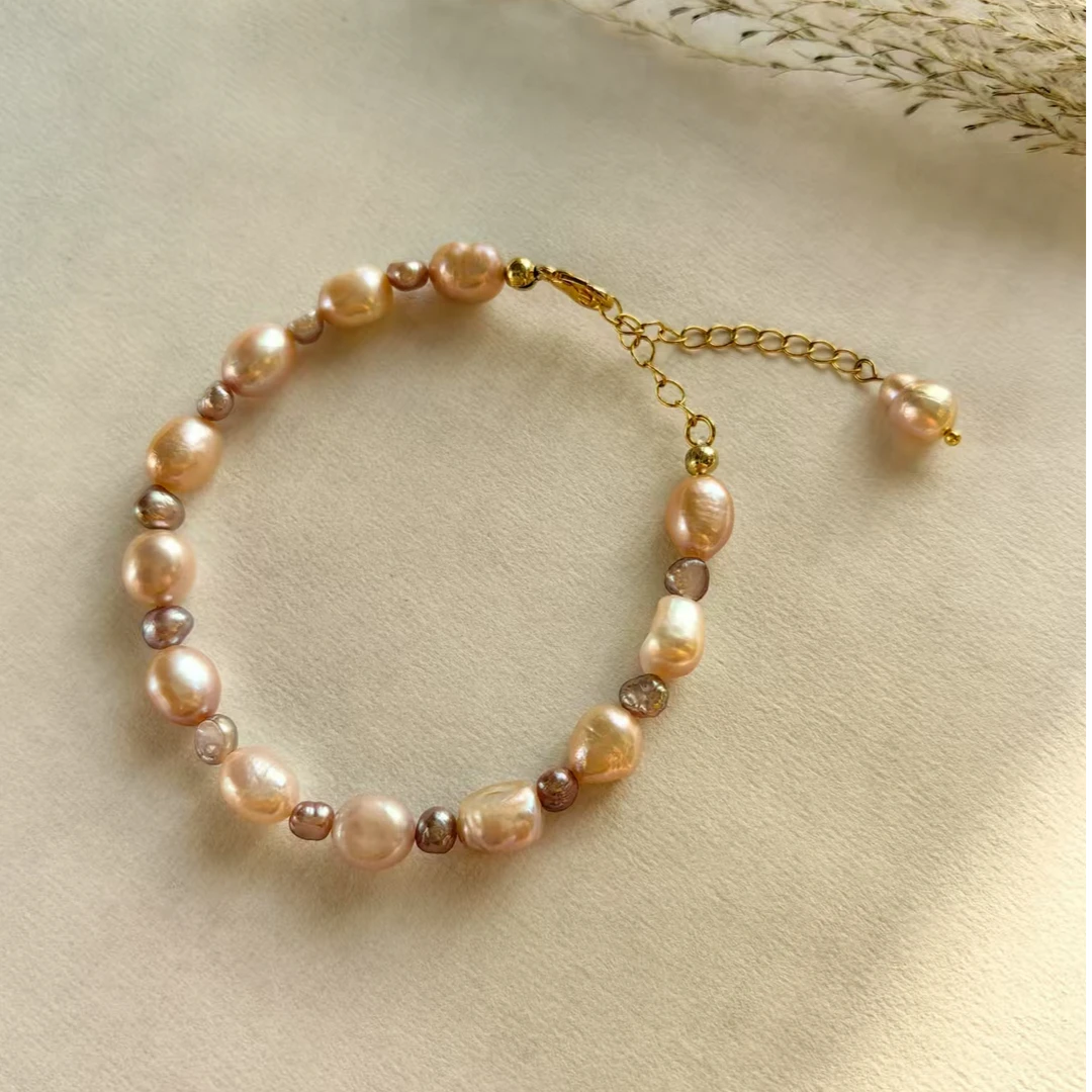 天然粉紫撞色巴洛克异形珍珠手链