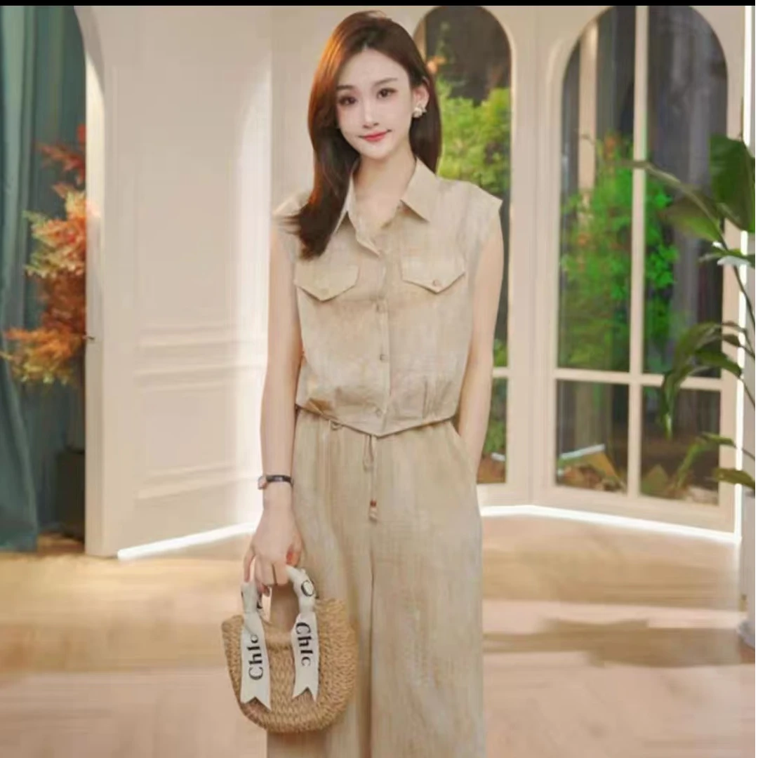 8818休闲风气质套装女翻领无袖上衣阔腿裤两件套2025夏洋气女装