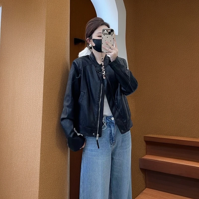 【60018-12】常规极简风春季长袖皮衣气质外套短款宽松韩版