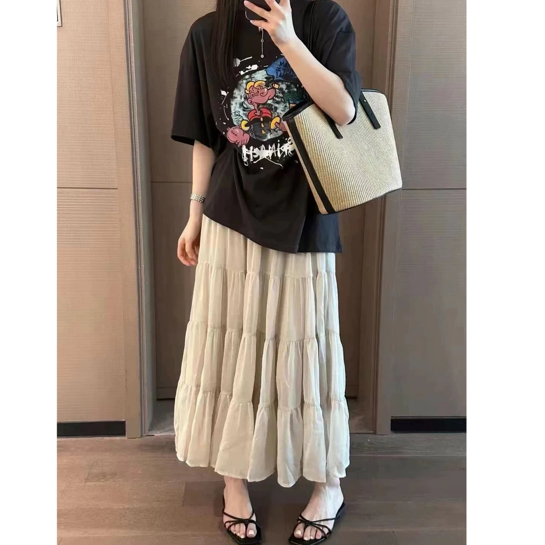 【大力水手套装】夏新款宽松盐系轻熟卡通印花灰色短袖T恤半裙套装