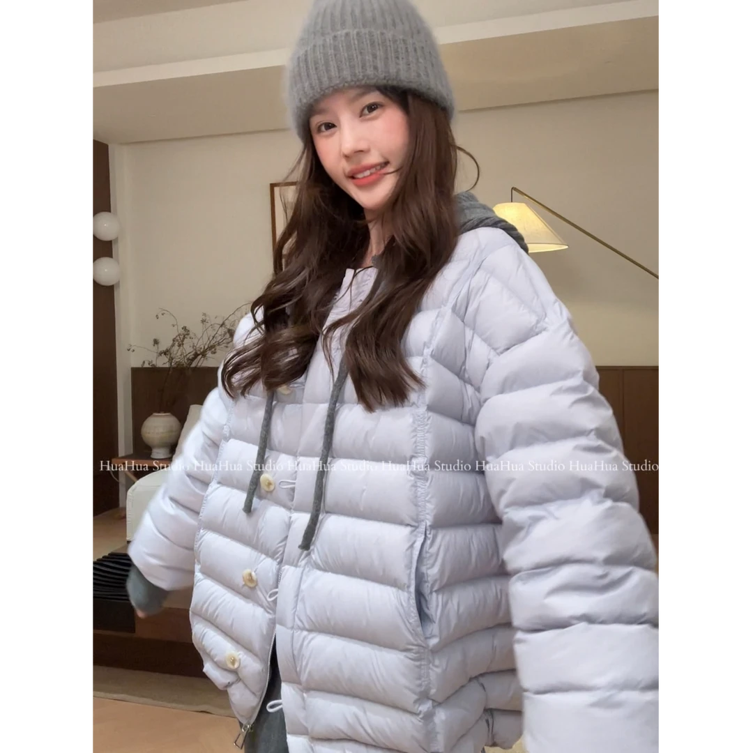 【花花】紫米欧包~韩系可拆卸针织帽白鸭绒排骨羽绒服女保暖外套
